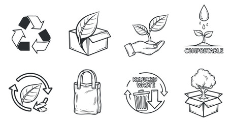 Obraz premium A collection of eco-friendly and sustainability icons in minimalist outline vector style, ideal for environmental campaigns and educational materials