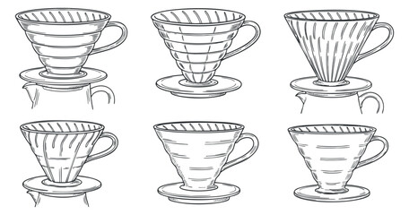 A collection of six hand-drawn coffee and tea cups in minimalist outline vector style, perfect for kitchen design and beverage branding