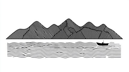 Simple line drawing of mountains and a boat on water