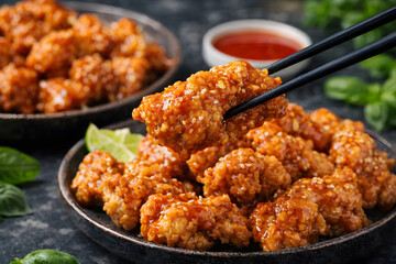 A plate of crispy fried chicken pieces with chopsticks picking one up