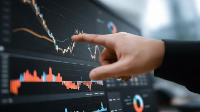 Business professional analyzing charts showing commodity market trends and index performance in a modern office setting