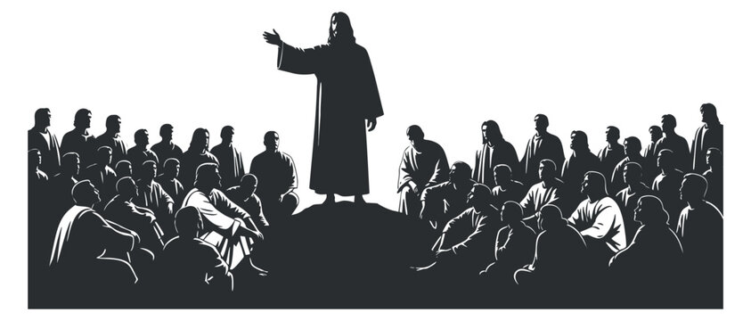 A silhouette illustration of Jesus preaching to a large crowd in black and white vector style, ideal for religious themes and educational materials
