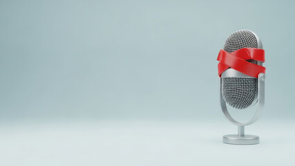 Clean 3D Illustration of Modern Microphone with Red Tape Covering the Top &ndash; Symbolizing Media Censorship and Restricted Speech, Wide Copy Space on Left, Minimal Light Background