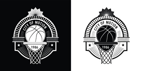 Vintage style basketball emblem featuring a netted hoop and ball design with establishment date nineteen eighty six inscribed