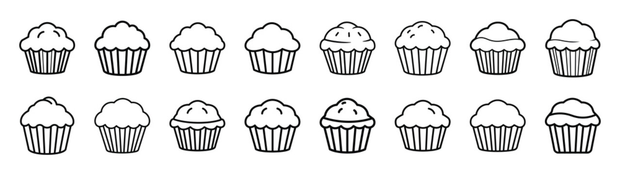 Set of 16  muffin cake outline food icons related. Editable stroke icons collection