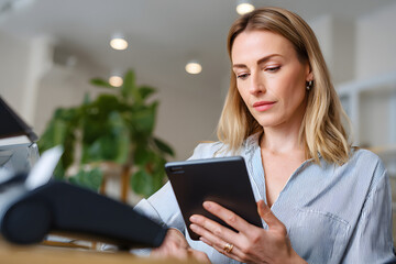Woman using a tablet in a modern office setting while standing near a desk
