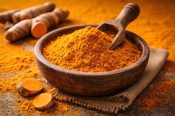 A wooden bowl filled with turmeric powder and a scoop, surrounded by turmeric roots and powder on a rustic surface