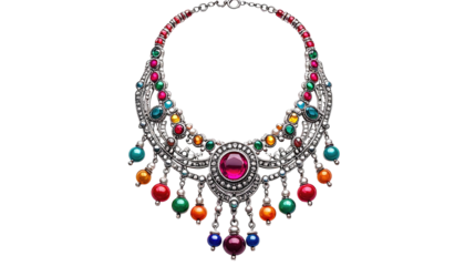 Ornate necklace with vibrant gemstones and intricate silver detailing, elegant design