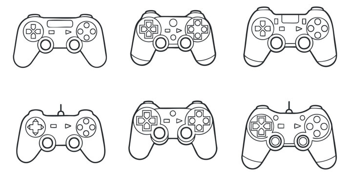 A collection of six gaming controllers in black and white outline vector style, ideal for gaming-related projects and designs