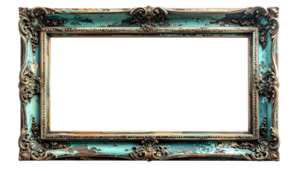 Ornate rectangular frame with teal paint and gold accents, isolated on a black background