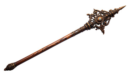 Ornate spear, wood shaft, elaborate metalwork, detailed carvings, intricate design, and jewel accents