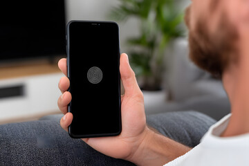 Person checks smartphone security feature while sitting on a couch at home