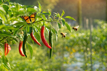 A monarch butterfly and two bees near a chili pepper plant in a garden