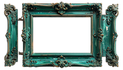 Ornate teal frame, weathered, open center, with decorative scrollwork on dark background