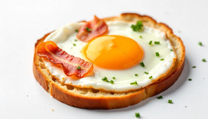 Sunny Side Up Egg on Toast With Crispy Bacon And Chives For Breakfast Menu.