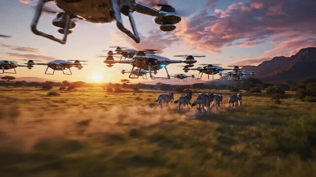 A pack of wolves race across a field beneath several hovering drones against a golden sunset sky