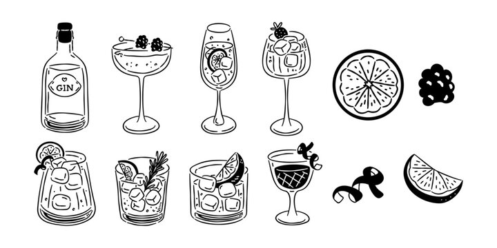 Hand drawn gin cocktail set with bottles, glasses, and garnishes. Black ink doodle style isolated on white background.