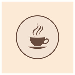 Obraz premium A steaming cup of coffee in a circular frame on a beige background depicted in a simple graphic illustration b11.svg