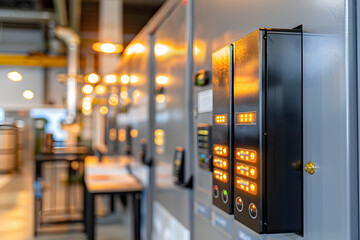 Control panel with lights and buttons in an industrial setting during daytime