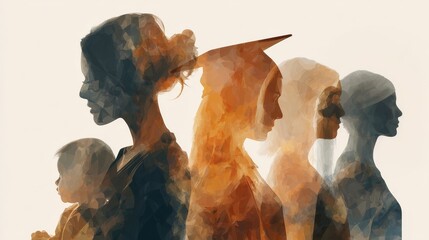 Artistic composition of diverse female silhouettes in profile with textured double exposure effects. Representing various life roles including a mother with a baby, a graduate, and professionals.