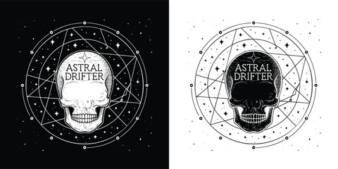 Obraz premium Occult skull emblem featuring the phrase astral drifter surrounded by celestial magic and mystic geometry symbols