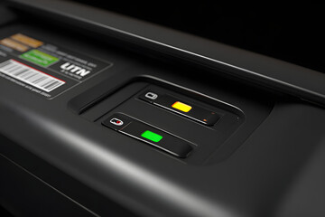 Control panel showing different light indicators on a device in a dark room