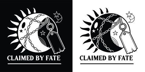 Obraz premium Striking black and white graphic design featuring a chained celestial body with a hanging tag and bold text proclaiming fate.