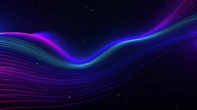 4K cinematic stock video, abstract 3D wavy lines neon blue pink, floating twisting cosmic space environment, small sparkling particles stars trailing along lines dynamic flowing motion dreamy ethereal