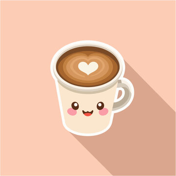 A cartoon coffee cup illustration with a heart design on top, featuring a smiling face, on a peach background, viewed from directly above, referencing b18.svg