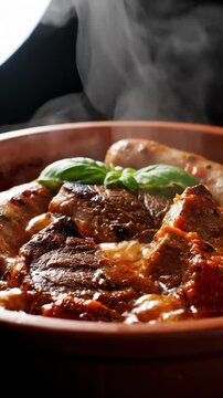 Serving Hot Meat Stew With Sausages and Fresh Basil in Bowl