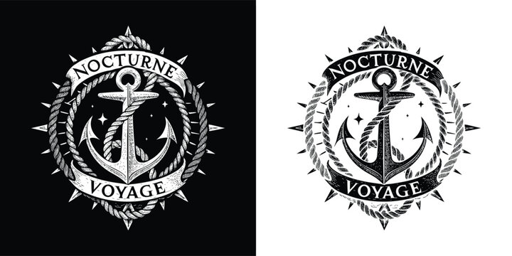 Vintage nautical anchor emblem design featuring rope border compass rose points and banner text for adventure and sea travel themes