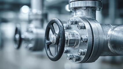 Close-up of a metal valve wheel on industrial pipes