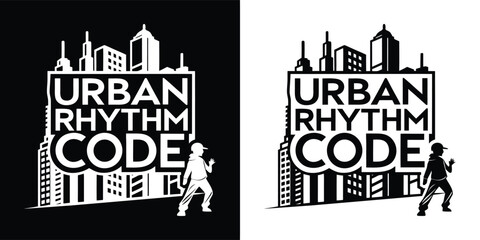 Striking black and white logo design for urban rhythm code featuring city skyline and breakdancer silhouette clearly displayed