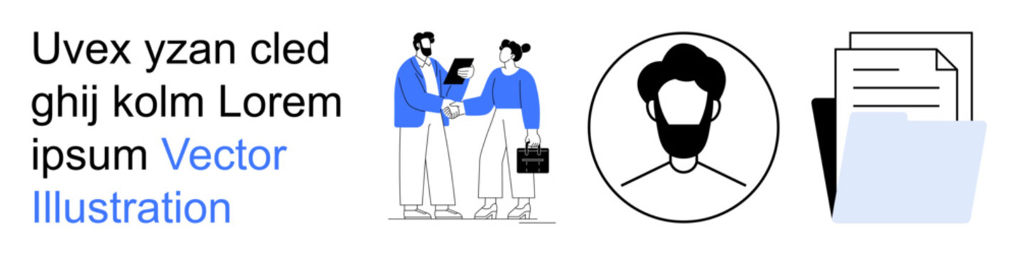 Business transactions, hiring, data security, verification, teamwork, record management. Two people shaking hands, a portrait in a circle and document folders. Business and verification