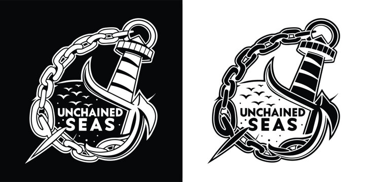 Black and white graphic design featuring an anchor lighthouse and heavy chain intertwined with the text unchained seas
