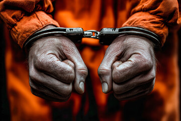 Orange-clad prisoner has hands in handcuffs positioned behind dark bars, highlighting themes of crime and gang activity in a rough setting