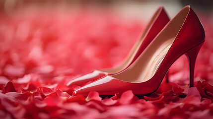 Red high heels placed on a bed of rose petals in a romantic setting during daylight