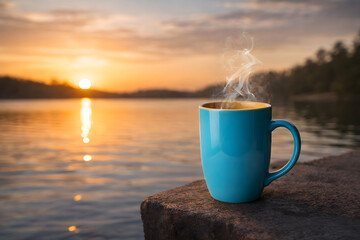 A steaming blue coffee mug sits on a rock by a serene lake at sunrise