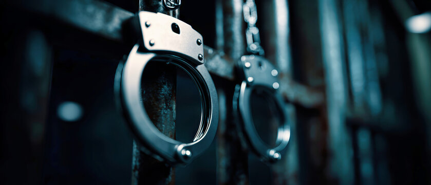 Handcuffs are suspended against prison bars in a dark backdrop. This scene portrays a police mugshot setting with room for text