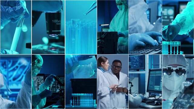 Technology and medical concept. Scientists, lab equipment and microscopes in biomedical innovations and clinical studies. Ideal for educational content. Vertical videos.
