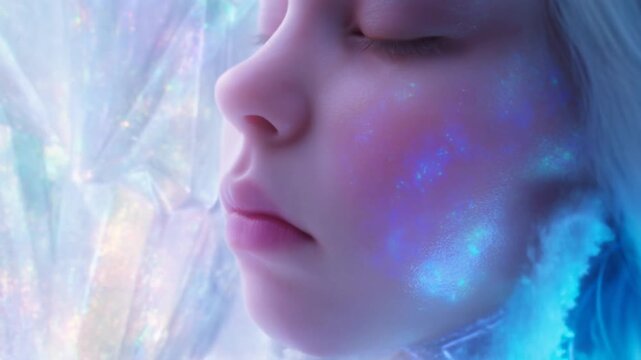 A mesmerizing portrayal of a serene face embellished with glowing patterns, captured in a moment of tranquility amidst ethereal luminescent surroundings.