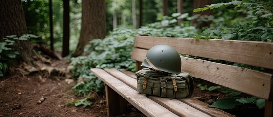 Vintage military helmet and cloth bag on a wooden bench near a tent in a forest during World War II
