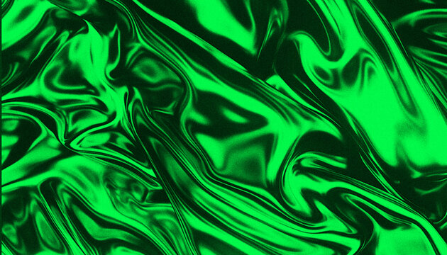 Vibrant green fluid silk fabric with a glossy metallic sheen and subtle grain texture, creating abstract waves and soft folds in dramatic lighting.
