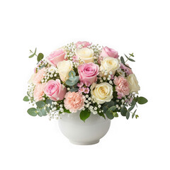 Elegant pastel rose bouquet in white vase isolated on transparent background