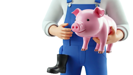 Cartoon farmer holding a pink pig with blue overalls and a black boot