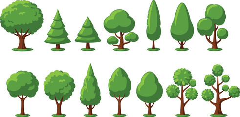 Cartoon Tree Collection with Different Shapes and Sizes Green Forest Nature Elements Flat Vector Illustration Set