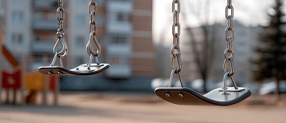 Two empty metal swings on a playground captured from a high angle on a clear day with some buildings in the background