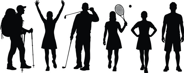 Obraz premium Active People Sport Silhouette Collection Hiking Golf Tennis Running Fitness Lifestyle Black Vector Illustration Set