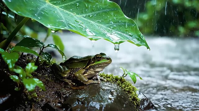 A serene green frog sitting under a leaf beside a river on a rainy day captured from a low angle