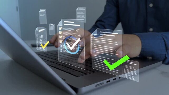Businessman check virtual electronic documents and checklist approve.Business productivity checklist and filling survey form.Fast checklist and clipboard task management.	
